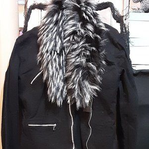 Black Soft denim Fur-collared jacket